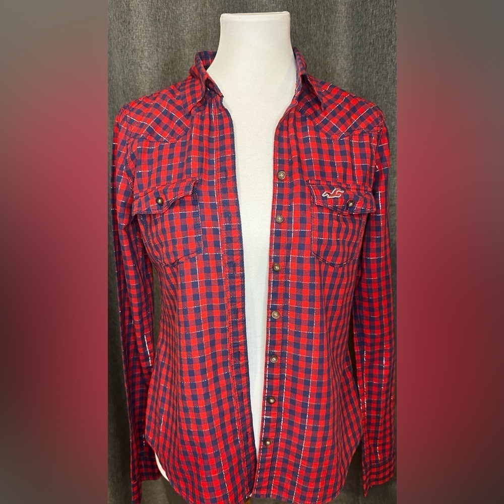 Hollister Navy and Crimson Checkered Shirt Y2K Style